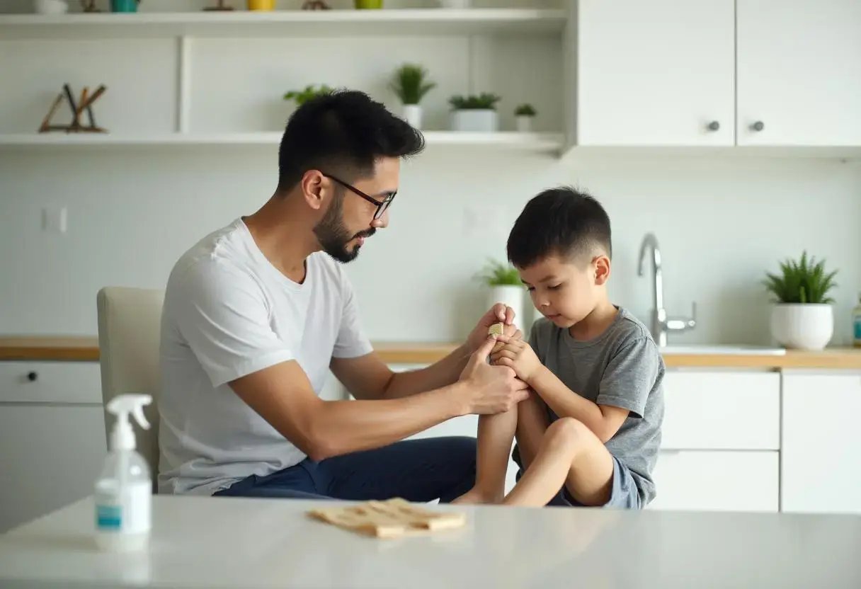 Father giving first aid to his child