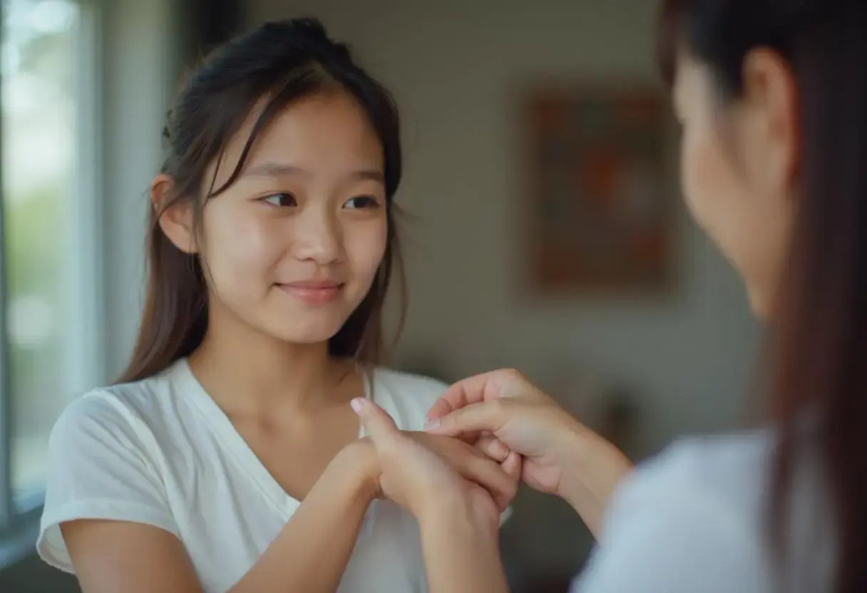 Malaysian girl being cared for her wound at home